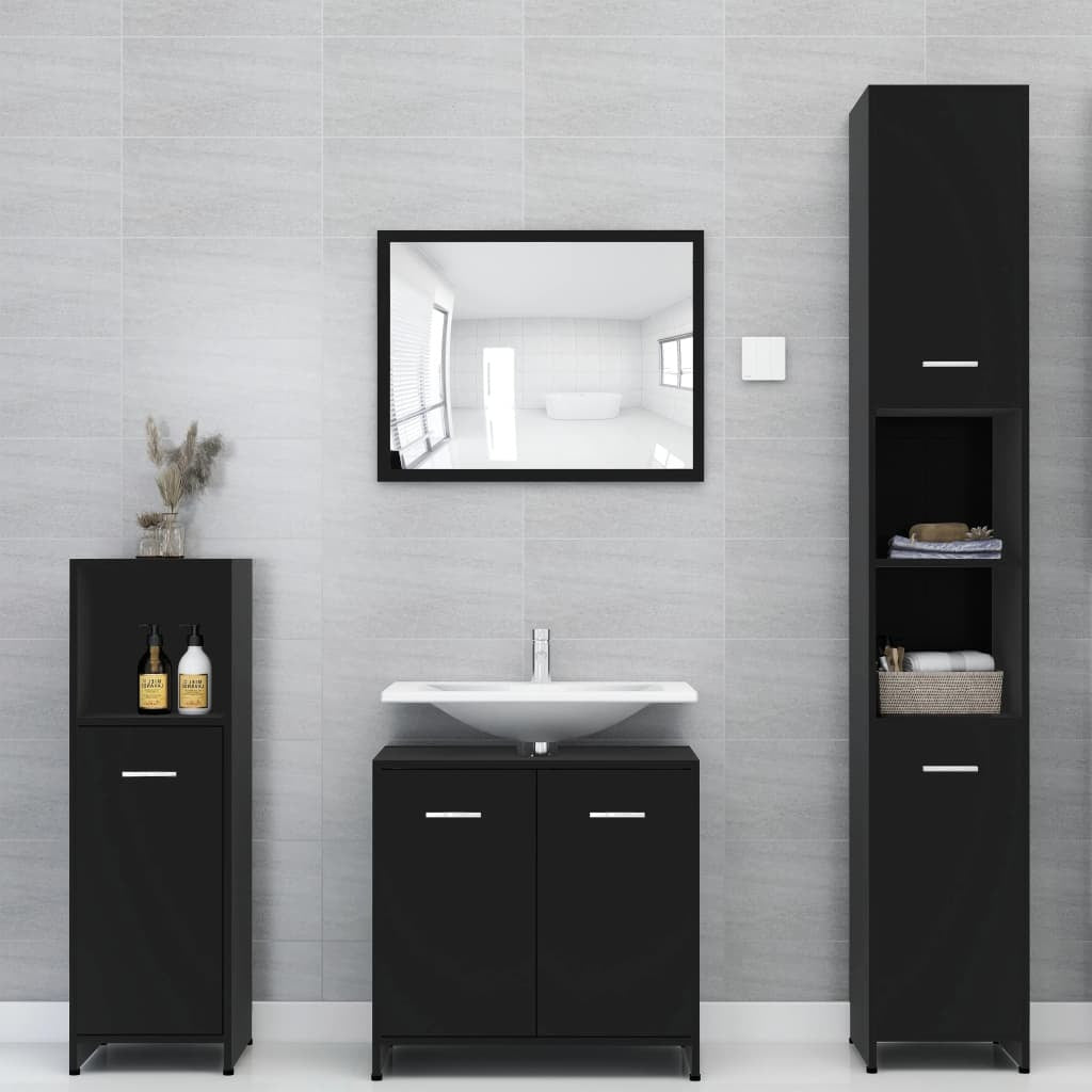 3 Piece Bathroom Furniture Set Black Engineered Wood