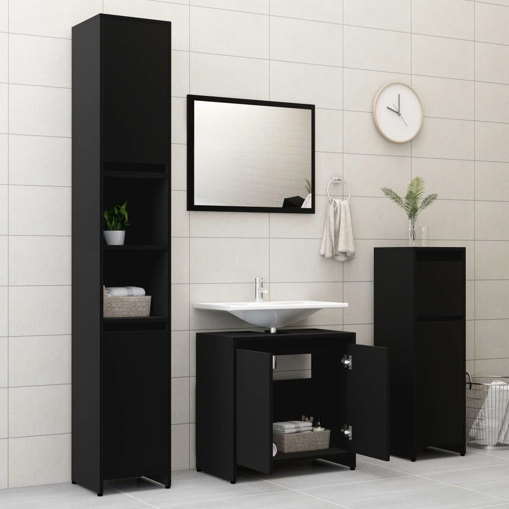 3 Piece Bathroom Furniture Set Black Engineered Wood