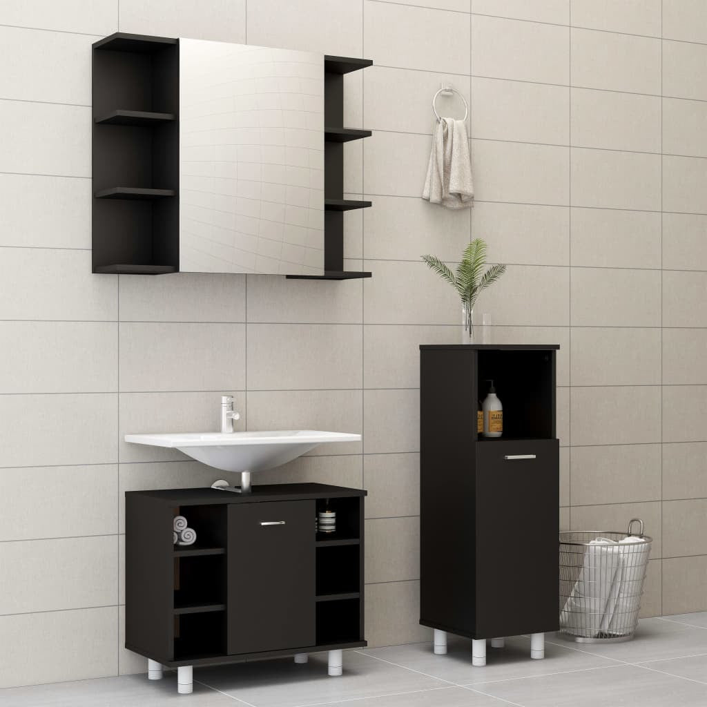 3 Piece Bathroom Furniture Set Black Engineered Wood