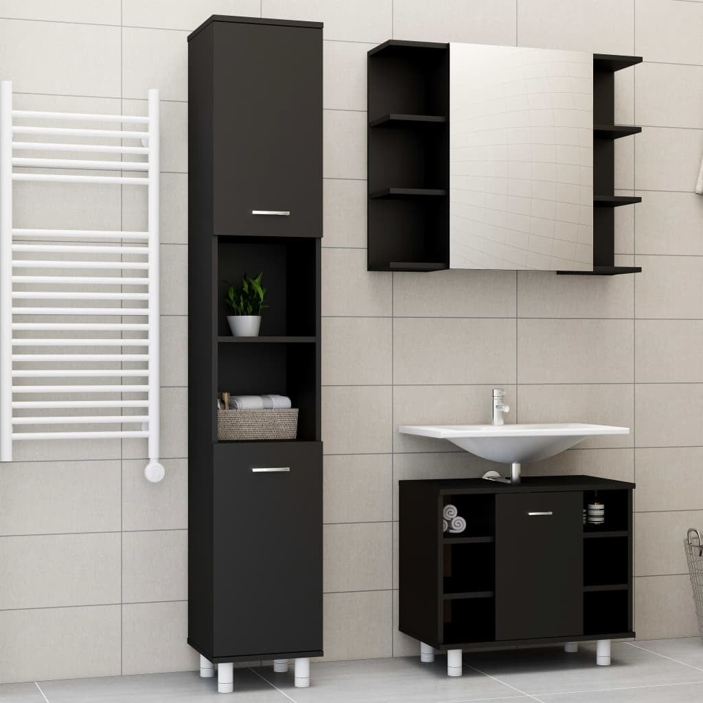 3 Piece Bathroom Furniture Set Black Engineered Wood