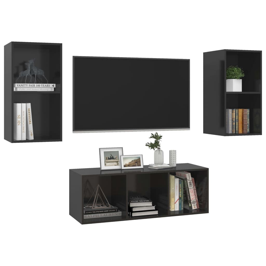 3 Piece TV Cabinet Set High Gloss Black Engineered Wood