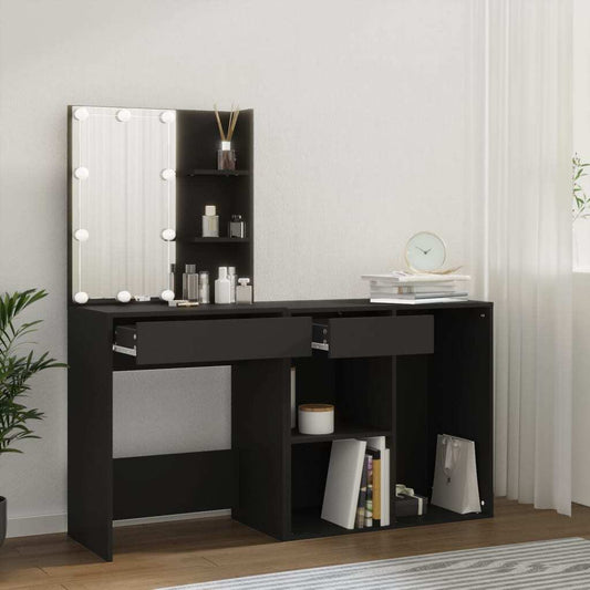 LED Dressing Table with Cabinet Black Engineered Wood