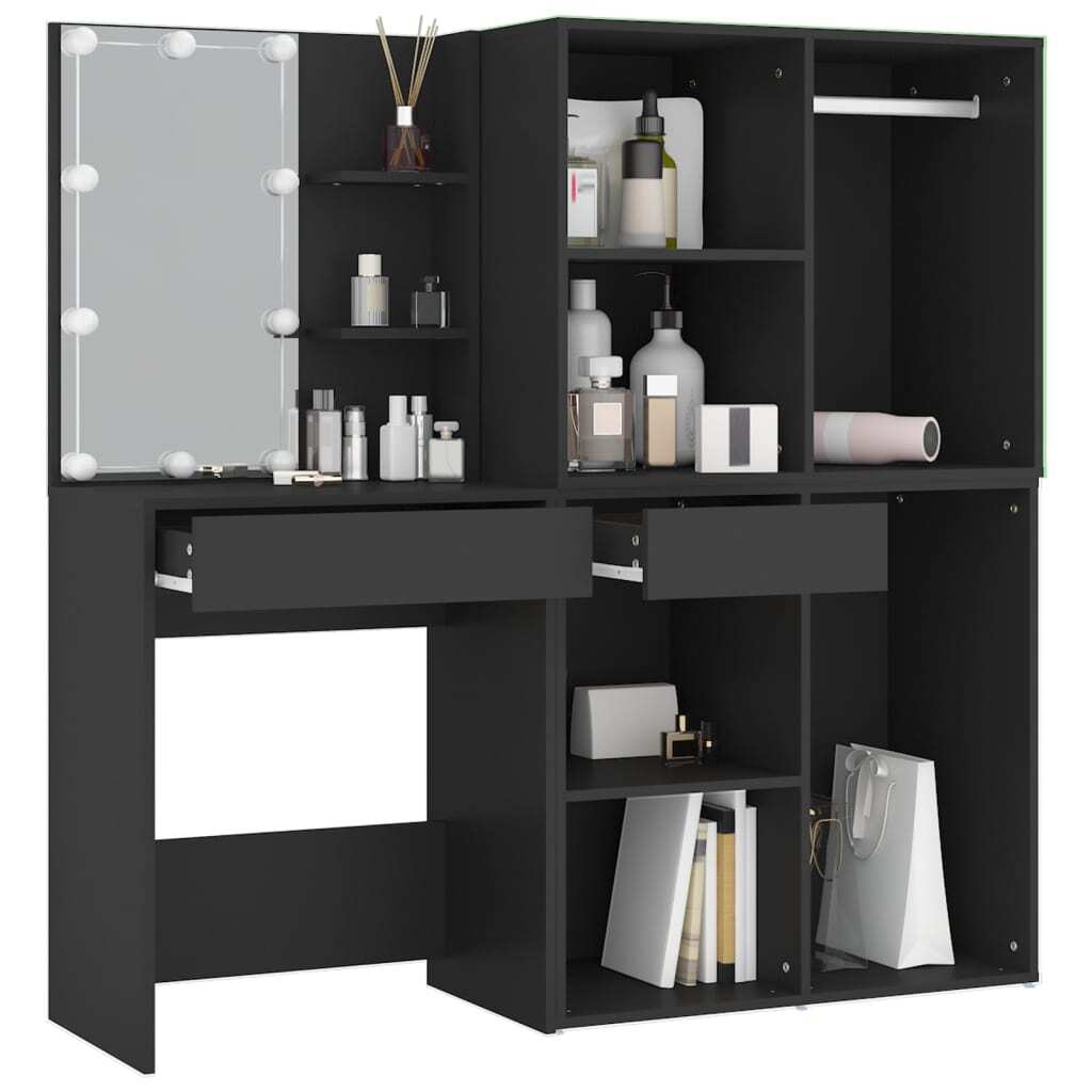 LED Dressing Table with Cabinets Black Engineered Wood