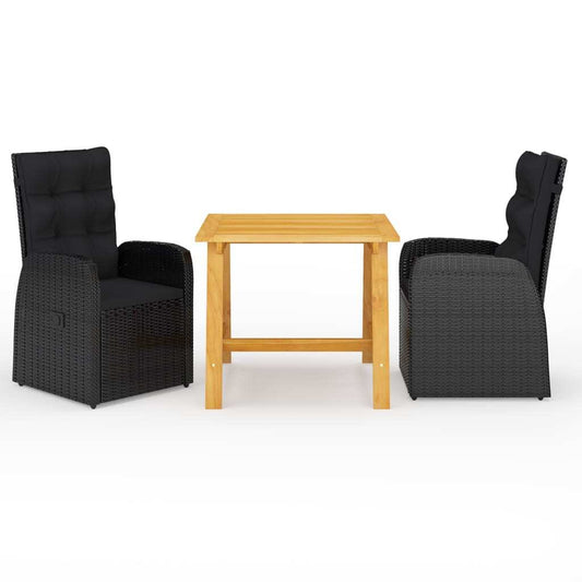 3 Piece Garden Dining Set with Cushions Black Poly Rattan