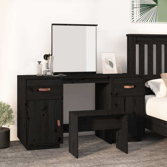 Dressing Table Set with a Mirror Black Solid Wood Pine