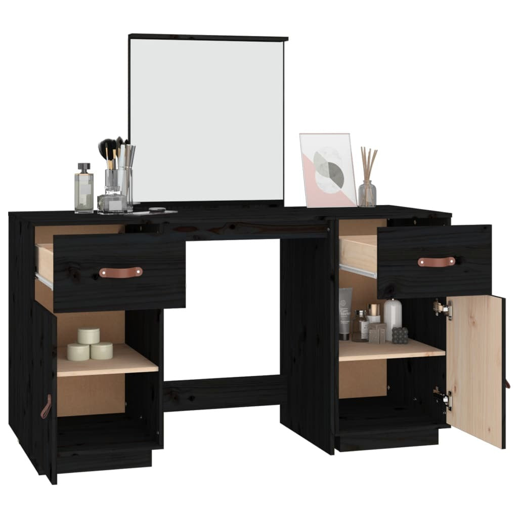 Dressing Table Set with a Mirror Black Solid Wood Pine