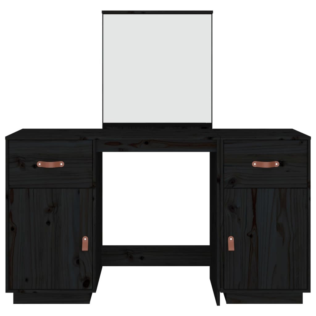 Dressing Table Set with a Mirror Black Solid Wood Pine