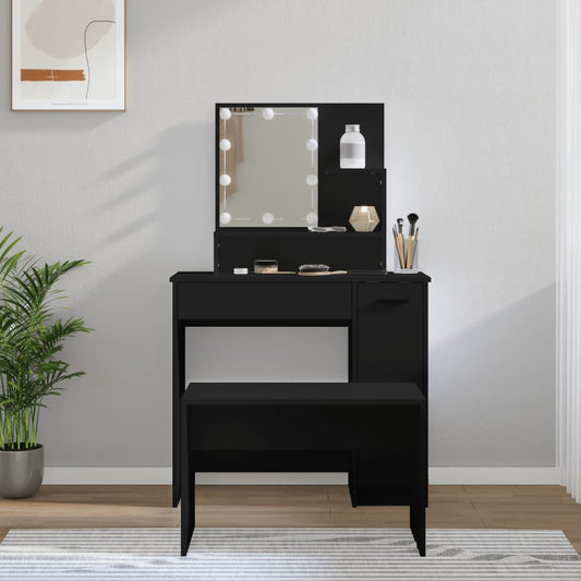 Dressing Table Set with LED Black Engineered Wood