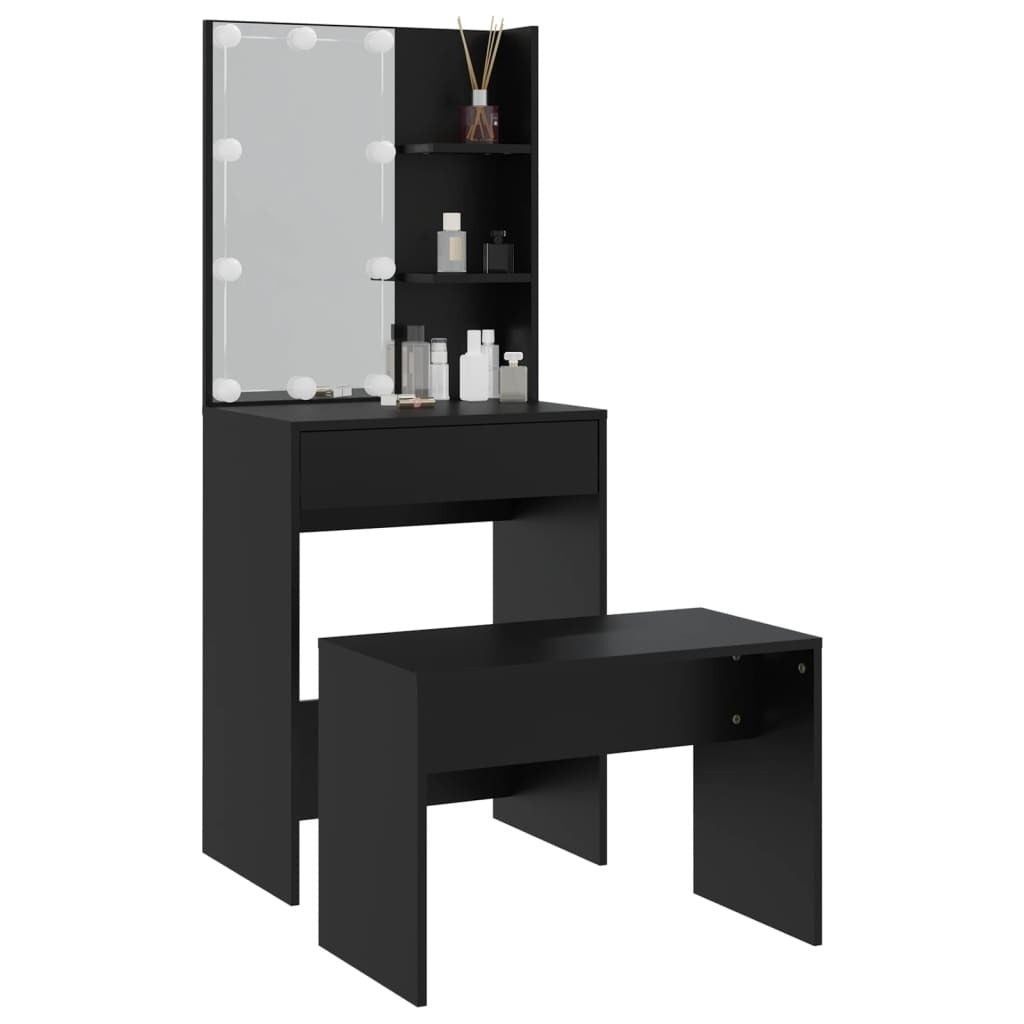 Dressing Table Set with LED Black Engineered Wood