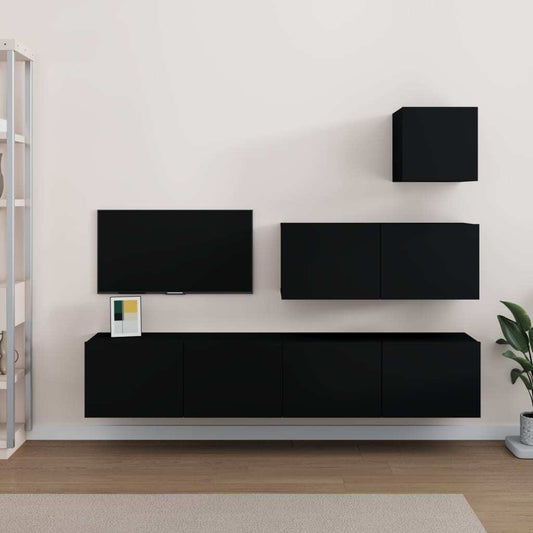 4 Piece TV Cabinet Set Black Engineered Wood