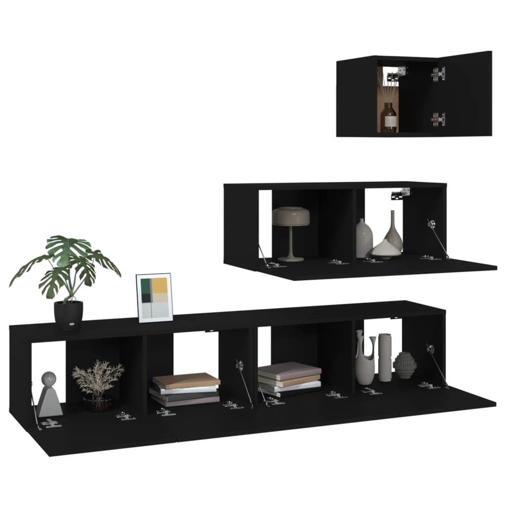 4 Piece TV Cabinet Set Black Engineered Wood