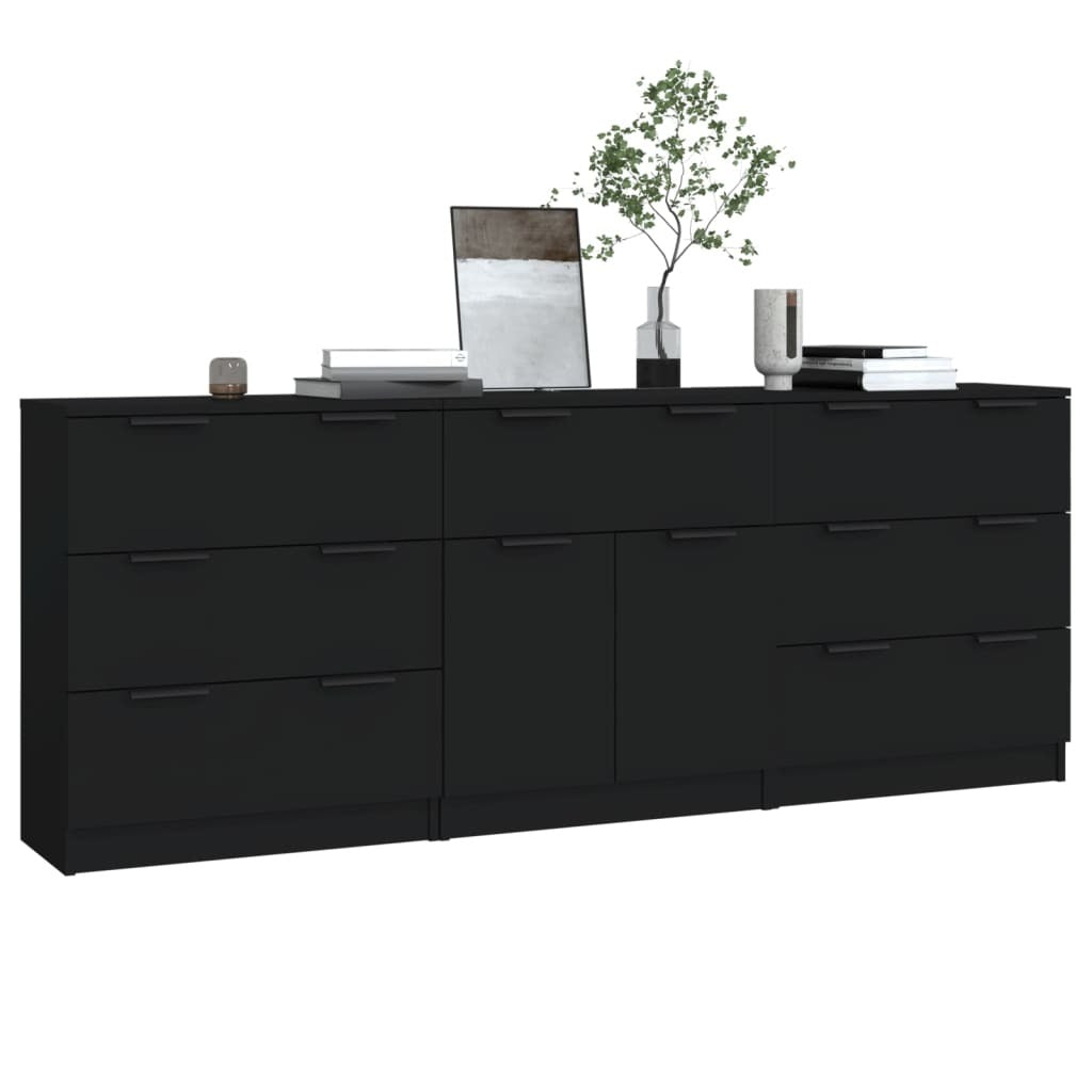 3 Piece Sideboards Black Engineered Wood