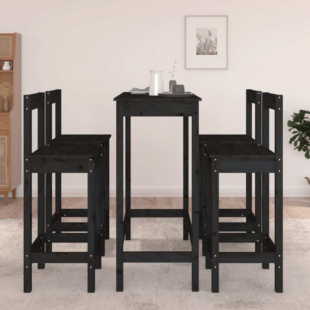 5 Piece Bar Set Black Solid Wood Pine