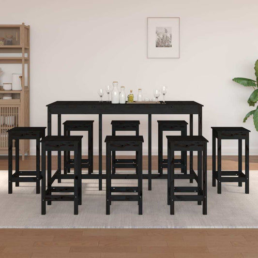 9 Piece Bar Set Black Solid Wood Pine