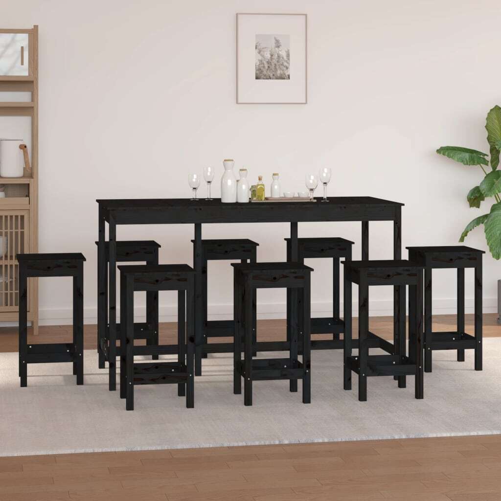 9 Piece Bar Set Black Solid Wood Pine