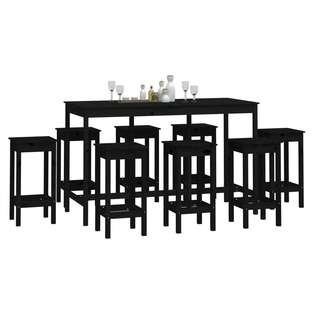 9 Piece Bar Set Black Solid Wood Pine