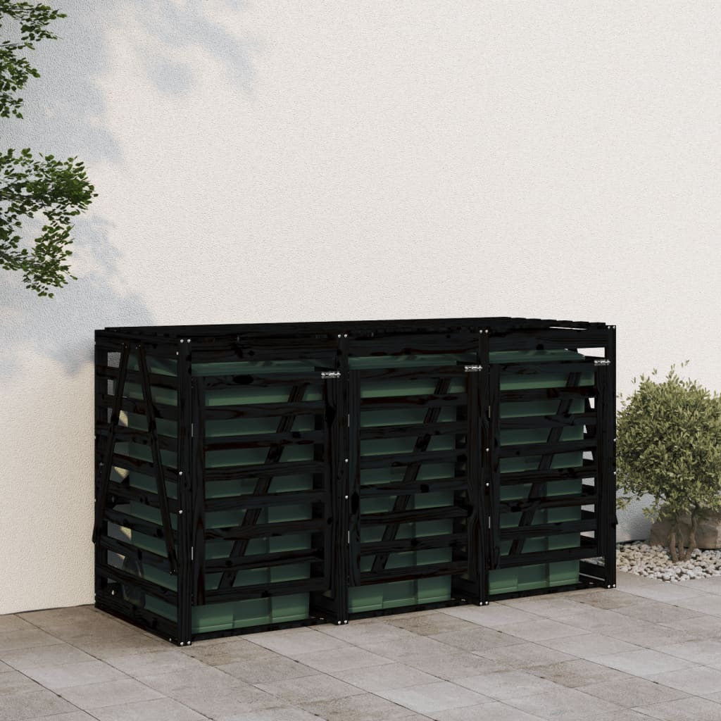 Triple Wheelie Bin Storage Black Solid Wood Pine