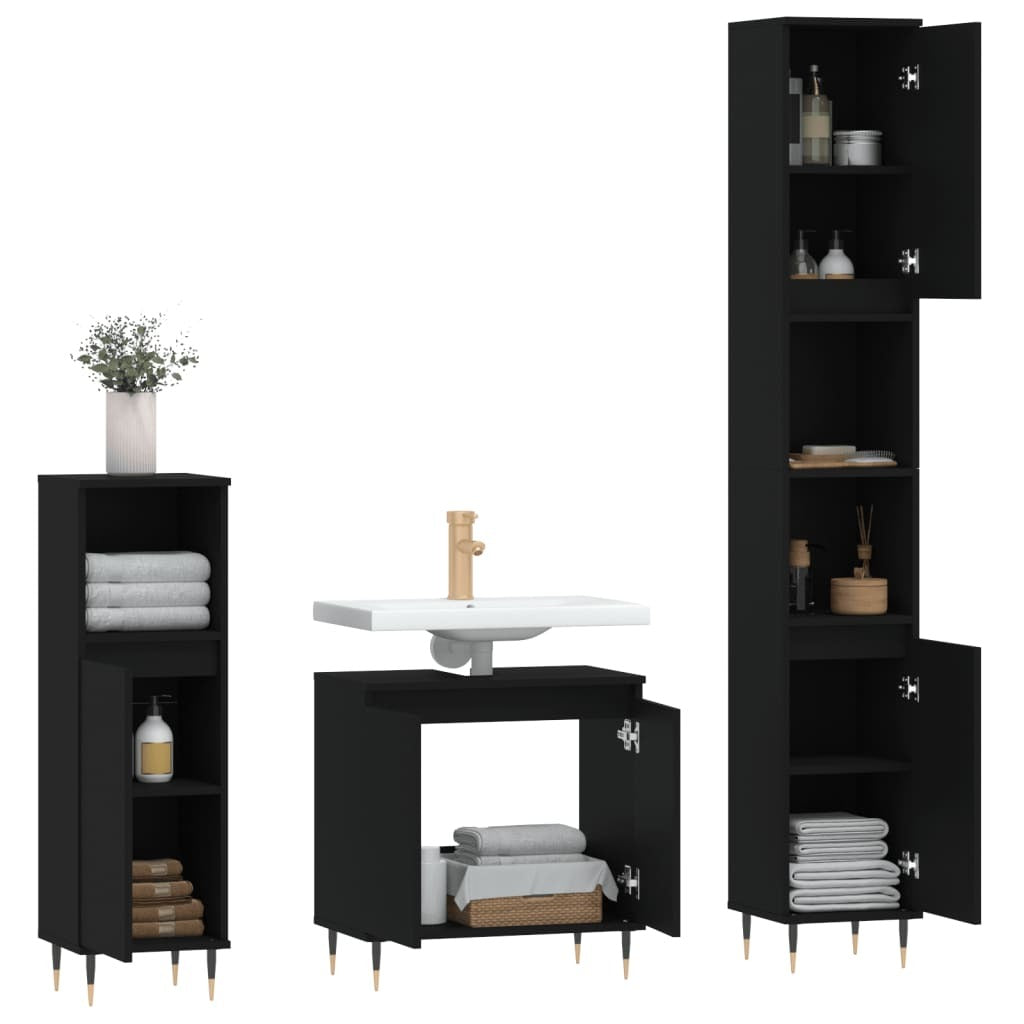 3 Piece Bathroom Cabinet Set Black Engineered Wood