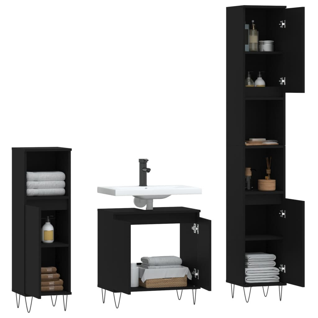 3 Piece Bathroom Cabinet Set Black Engineered Wood