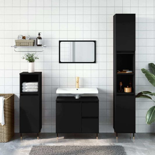 3 Piece Bathroom Furniture Set Black Engineered Wood