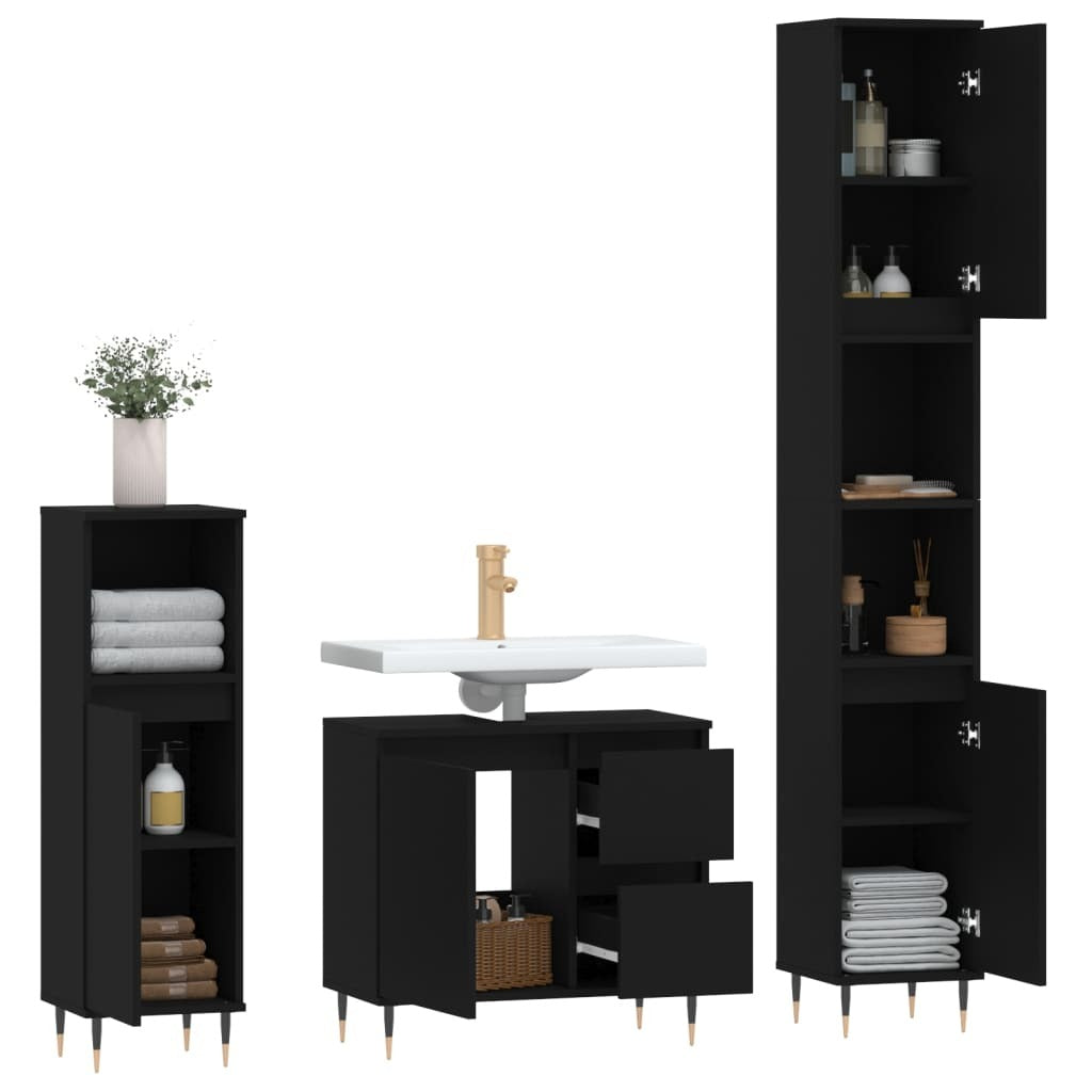 3 Piece Bathroom Furniture Set Black Engineered Wood