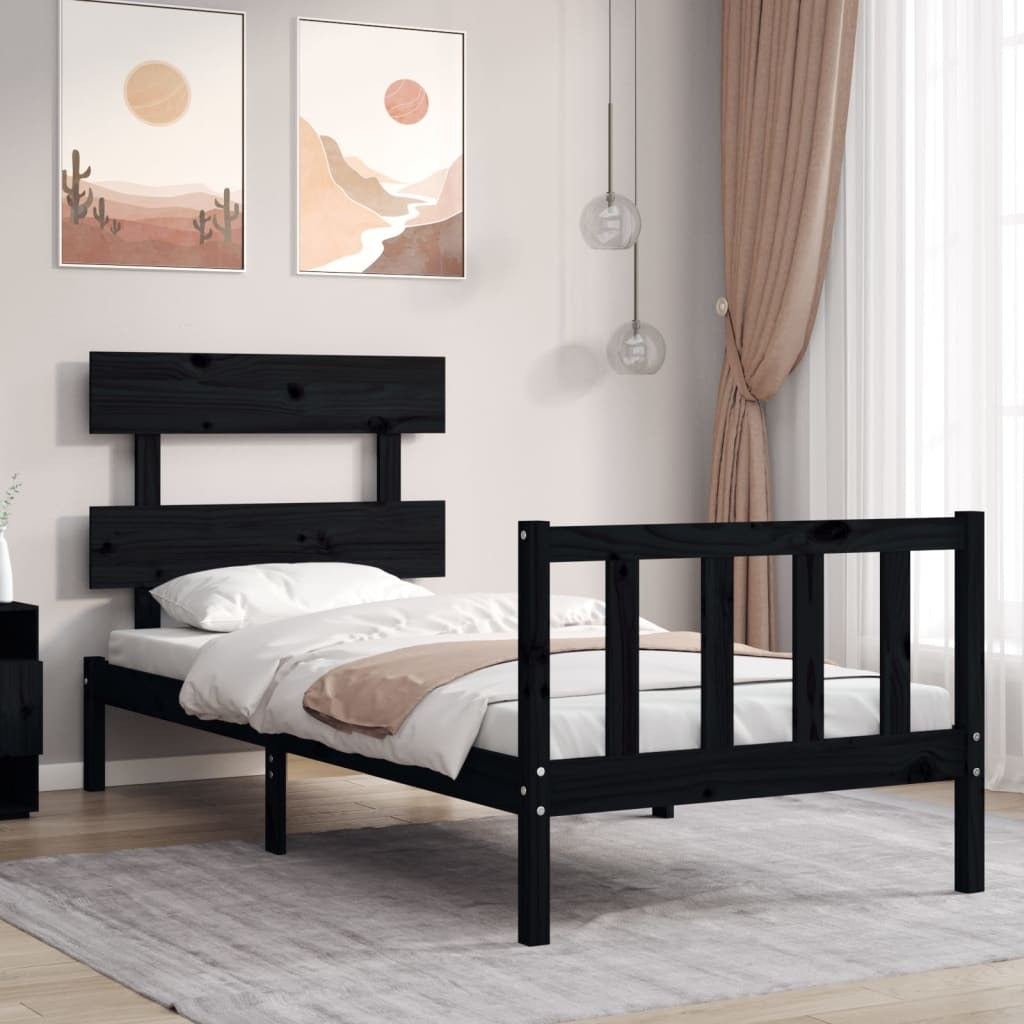 Bed Frame with Headboard Black Single Solid Wood