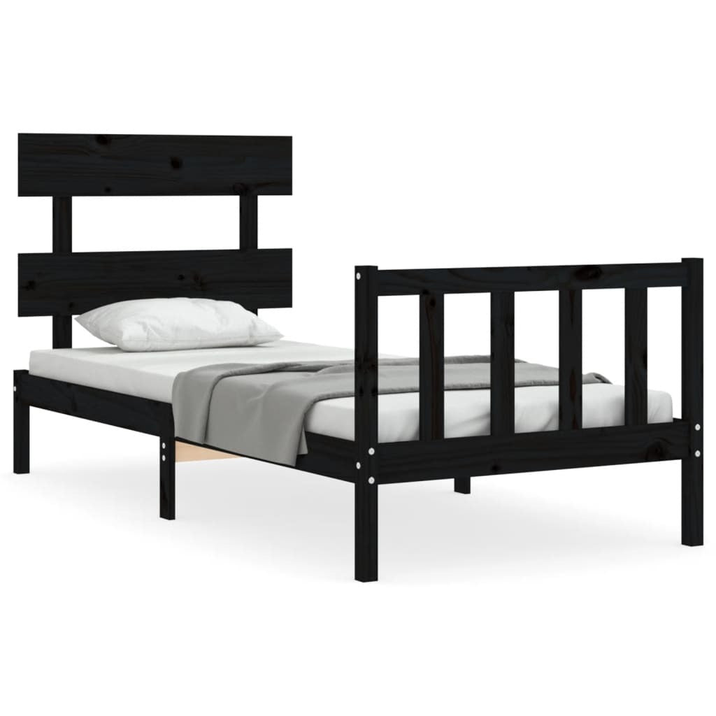 Bed Frame with Headboard Black Single Solid Wood