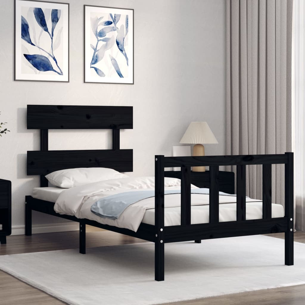 Bed Frame with Headboard Black Single Solid Wood