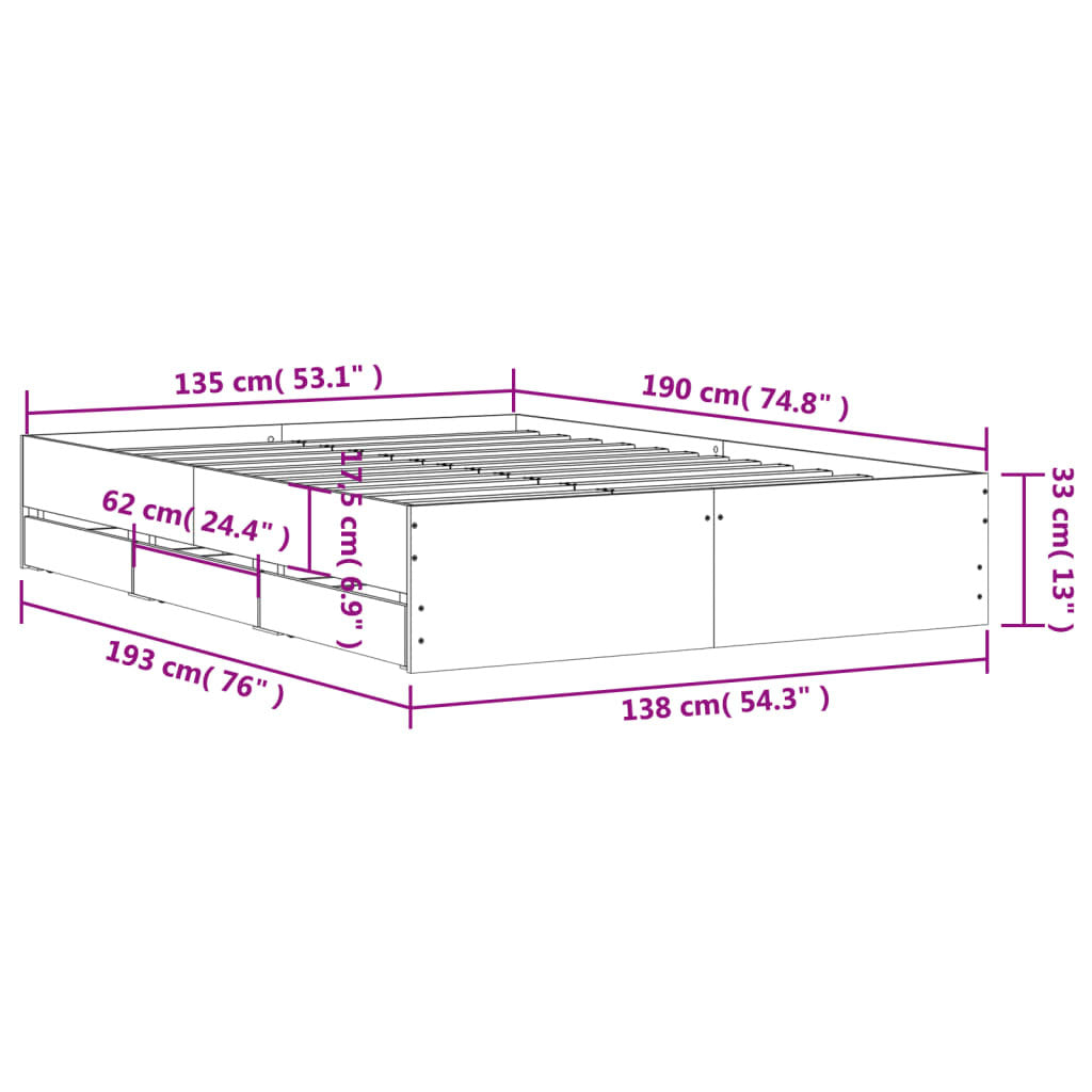 Bed Frame with Drawers without Mattress Black 135x190 cm Double