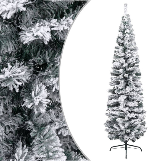 Slim Artificial Christmas Tree with Flocked Snow Green 210 cm PVC