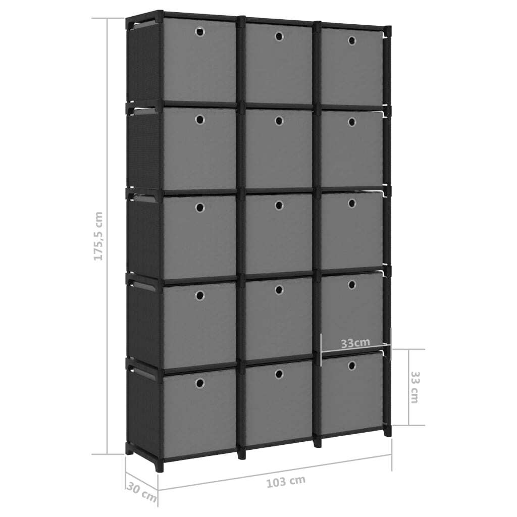 15-Cube Display Shelf with Boxes Black 103x30x175.5 cm Fabric