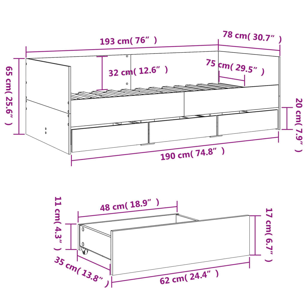 Daybed with Drawers Black 75x190 cm Engineered Wood