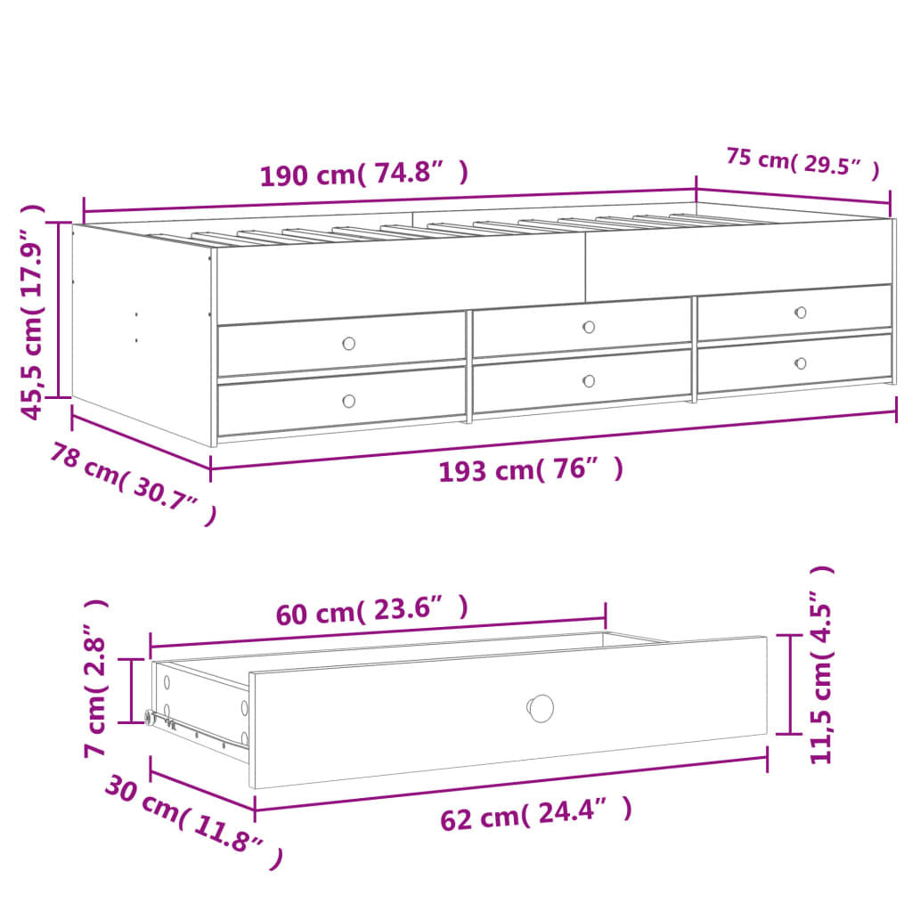 Daybed with Drawers without Mattress Black 75x190 cm Small Single