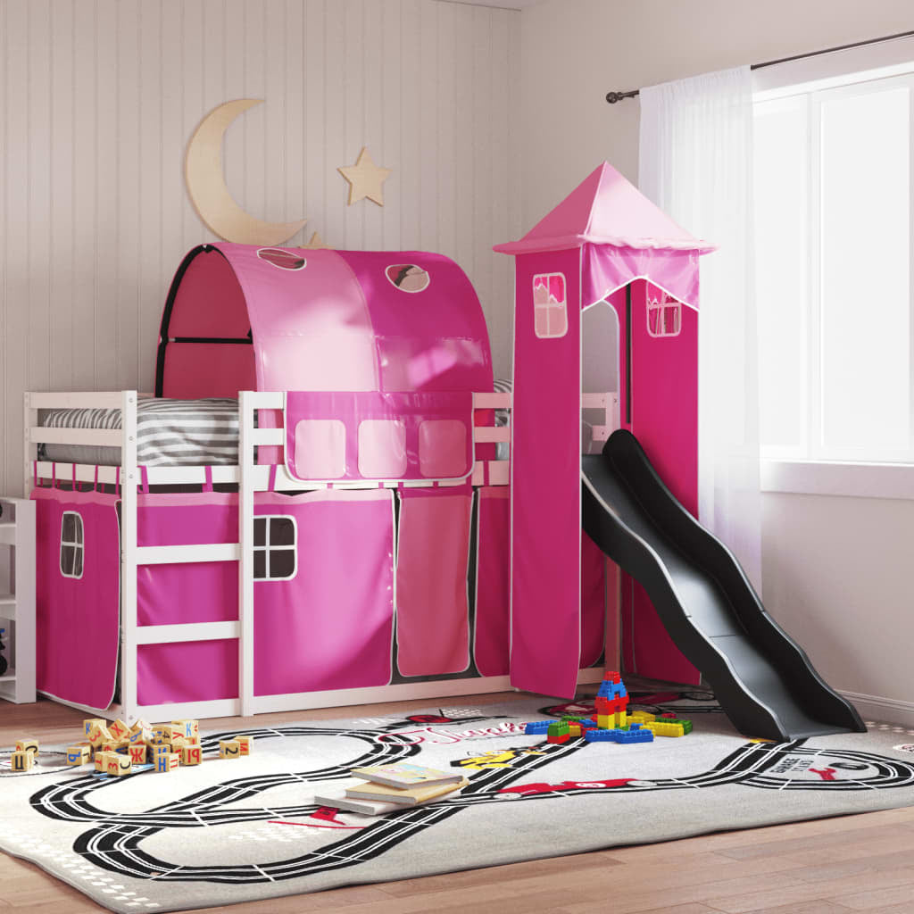 Bunk Bed without Mattress with Slide and Curtains Pink 90x200 cm