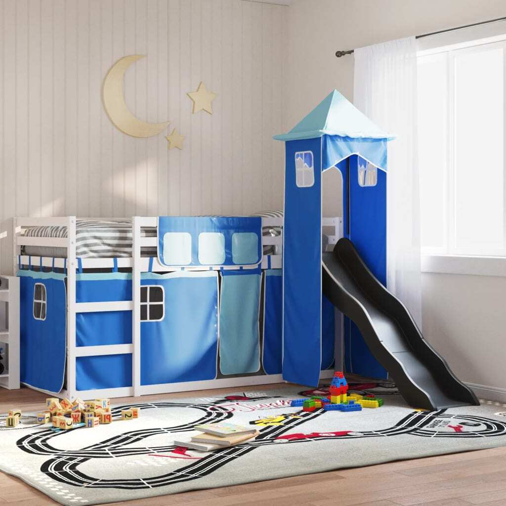 Bunk Bed without Mattress with Slide and Curtains Blue 90x200 cm