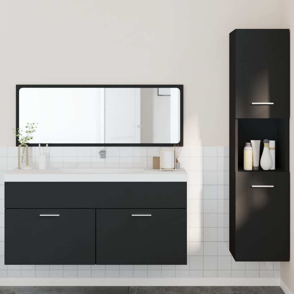 3 Piece Bathroom Furniture Set Black Engineered Wood