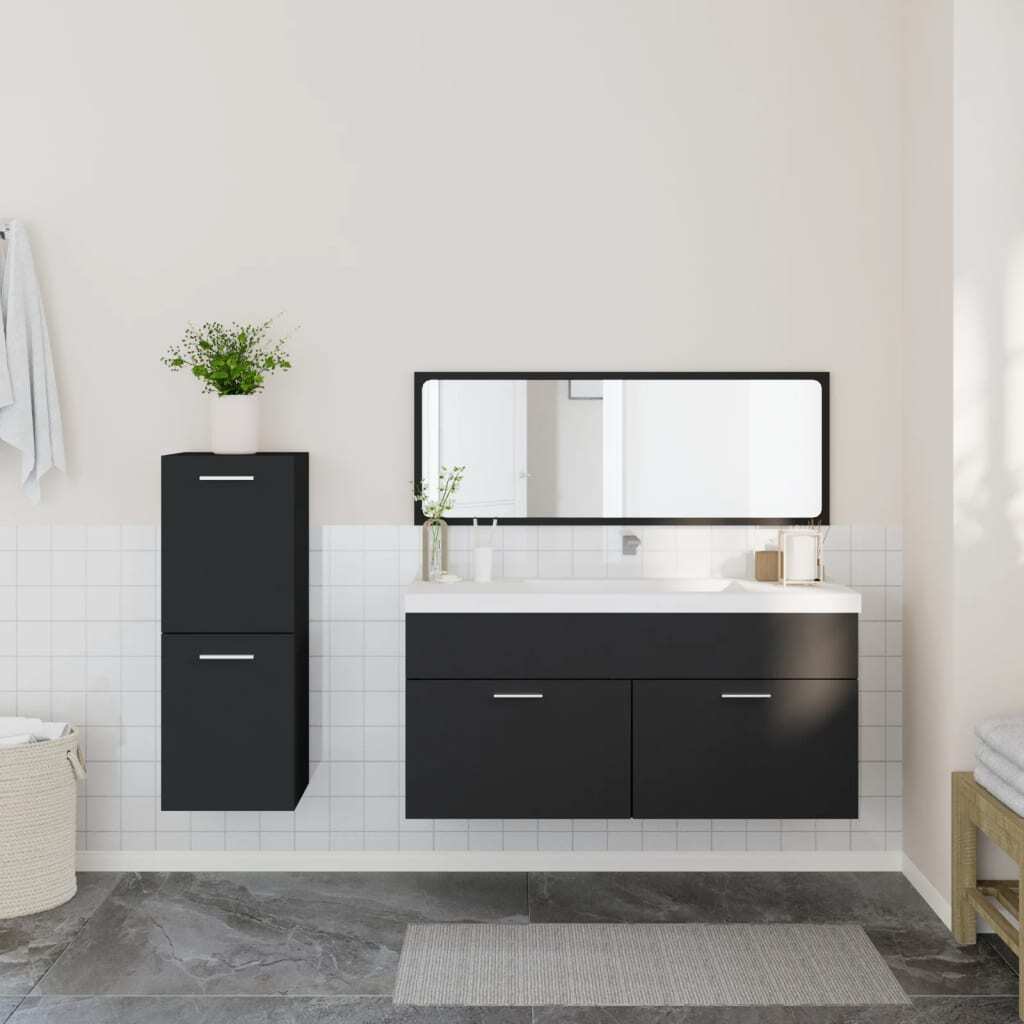 3 Piece Bathroom Furniture Set Black Engineered Wood