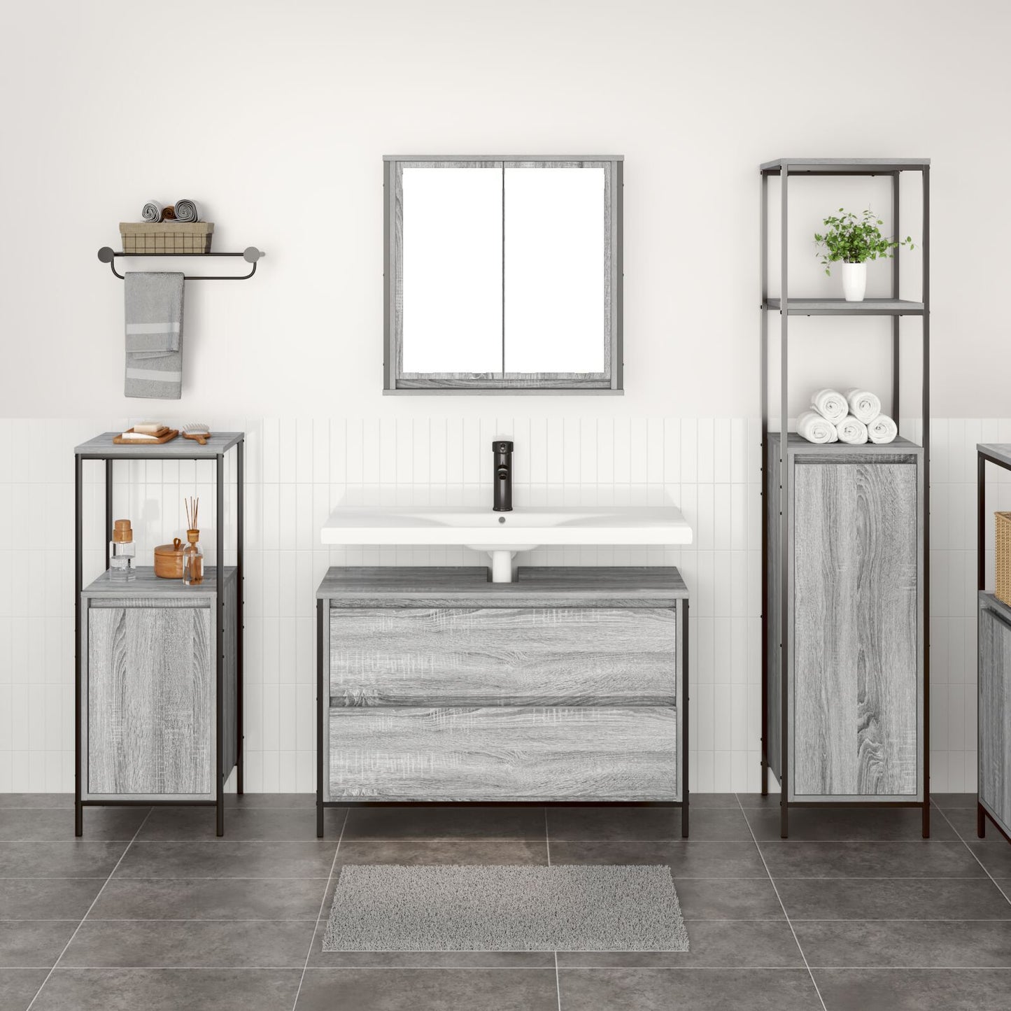Bathroom Furniture Set with Shelf with Door 3 pcs Grey sonoma