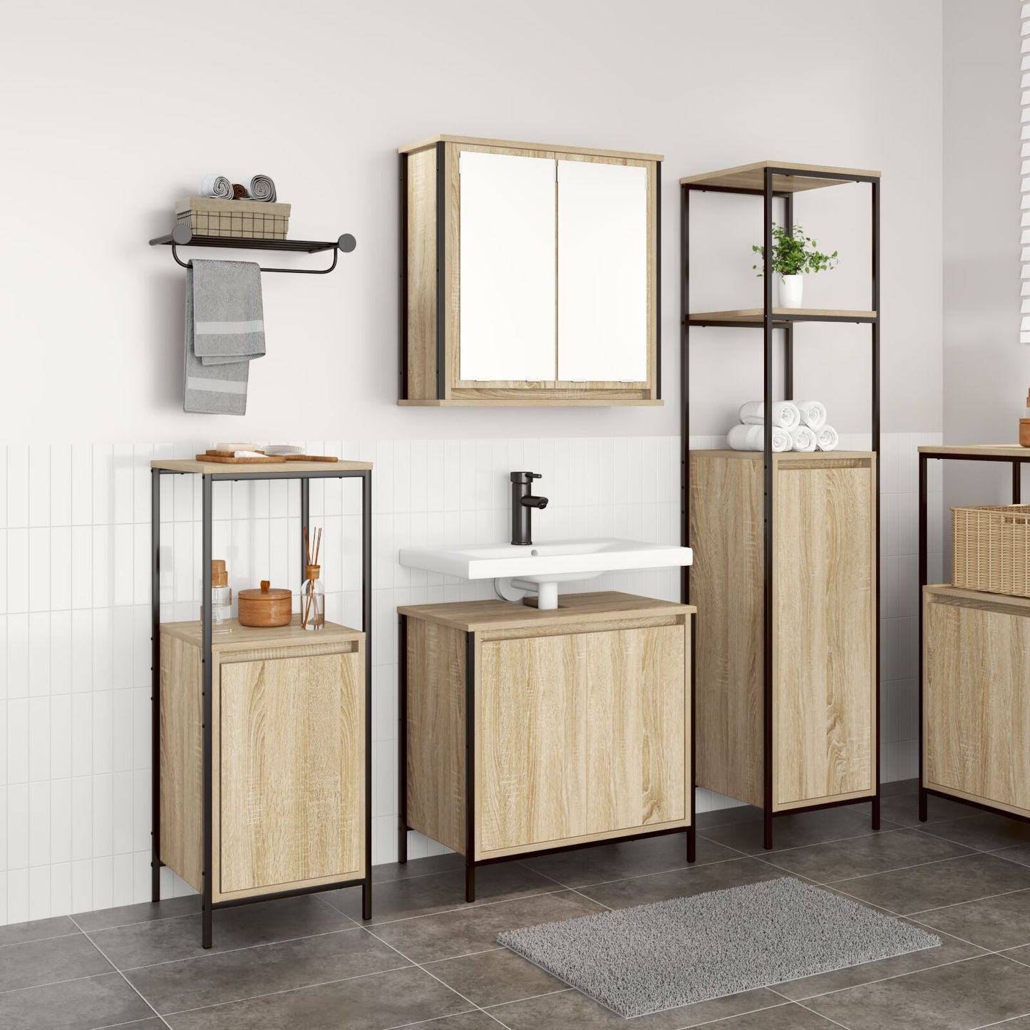 Bathroom Furniture Set with Shelf 3 pcs Sonoma oak and Black