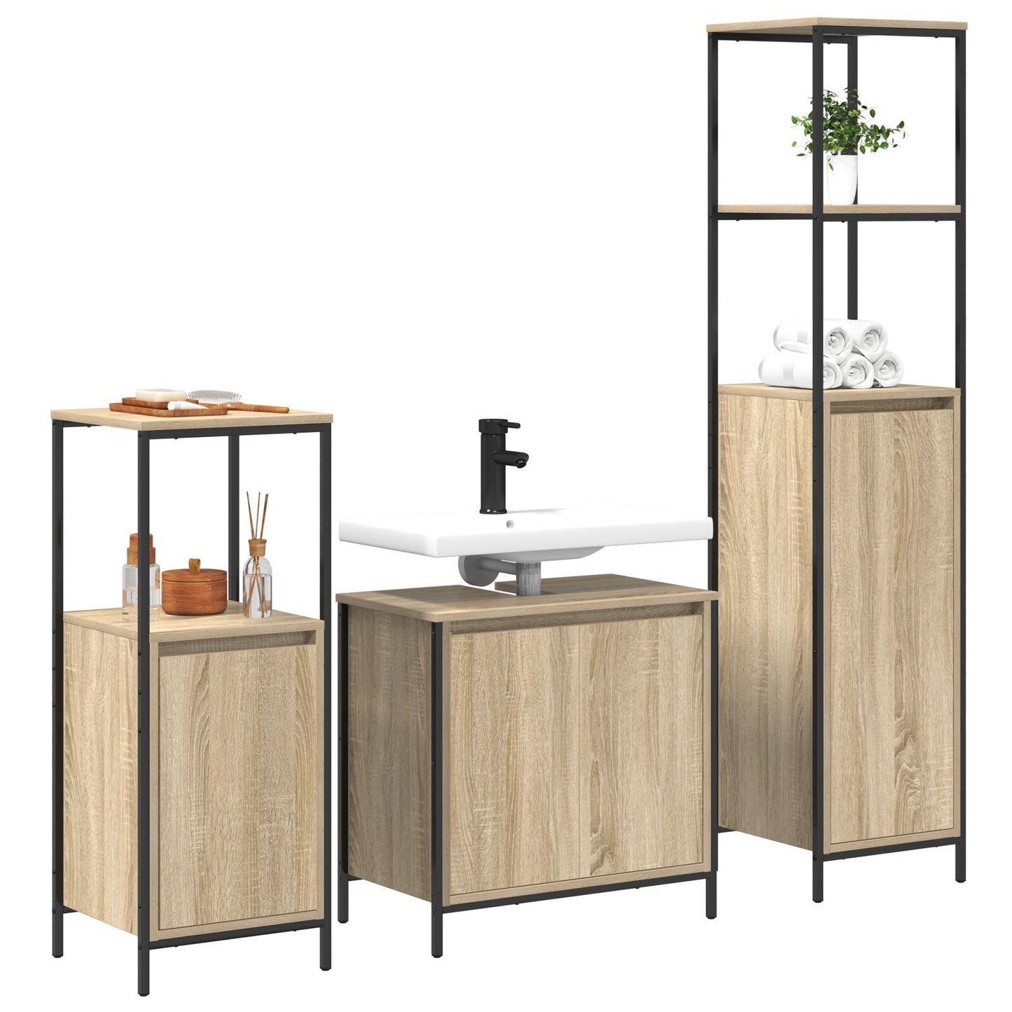 Bathroom Furniture Set with Shelf 3 pcs Sonoma oak and Black