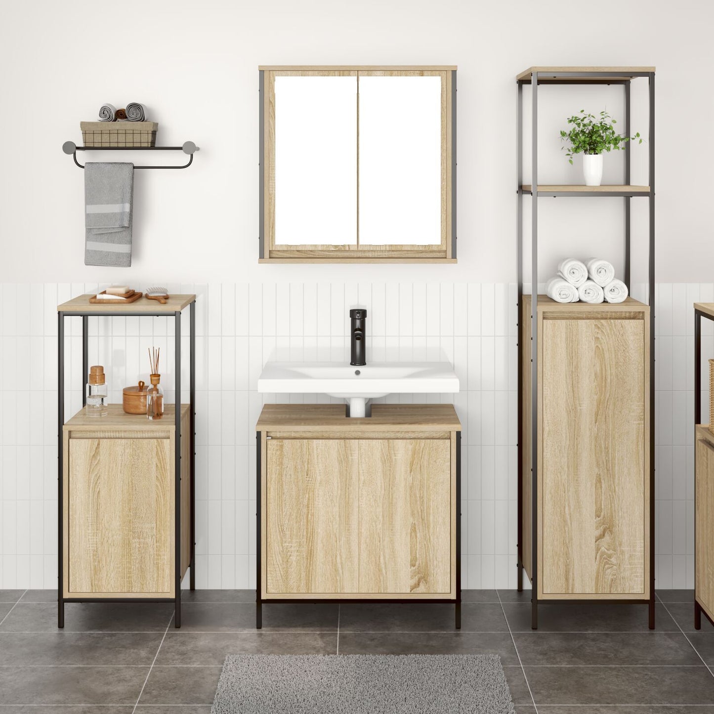 Bathroom Furniture Set with Shelf 3 pcs Sonoma oak and Black