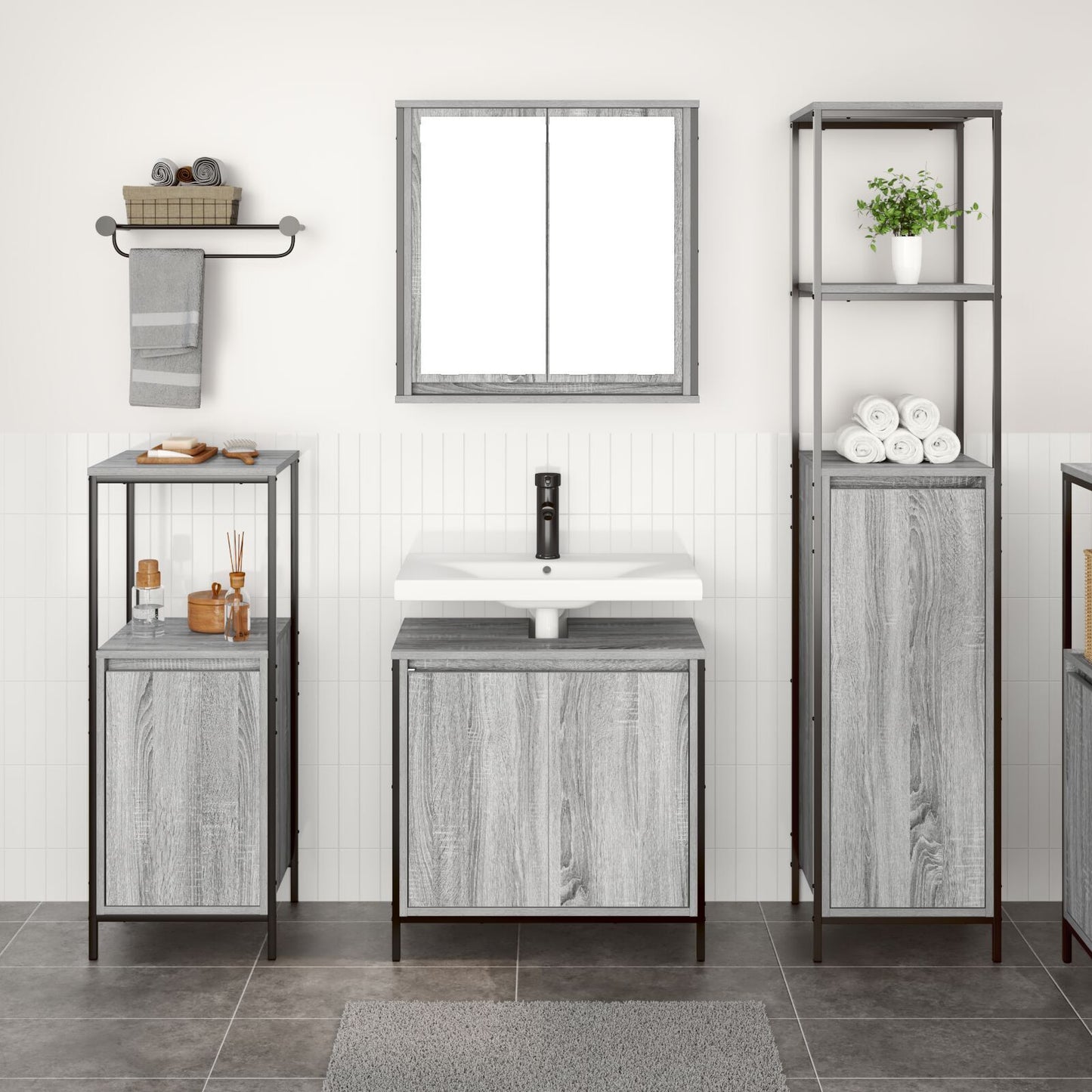 Bathroom Furniture Set with Shelf 3 pcs Grey sonoma and Black