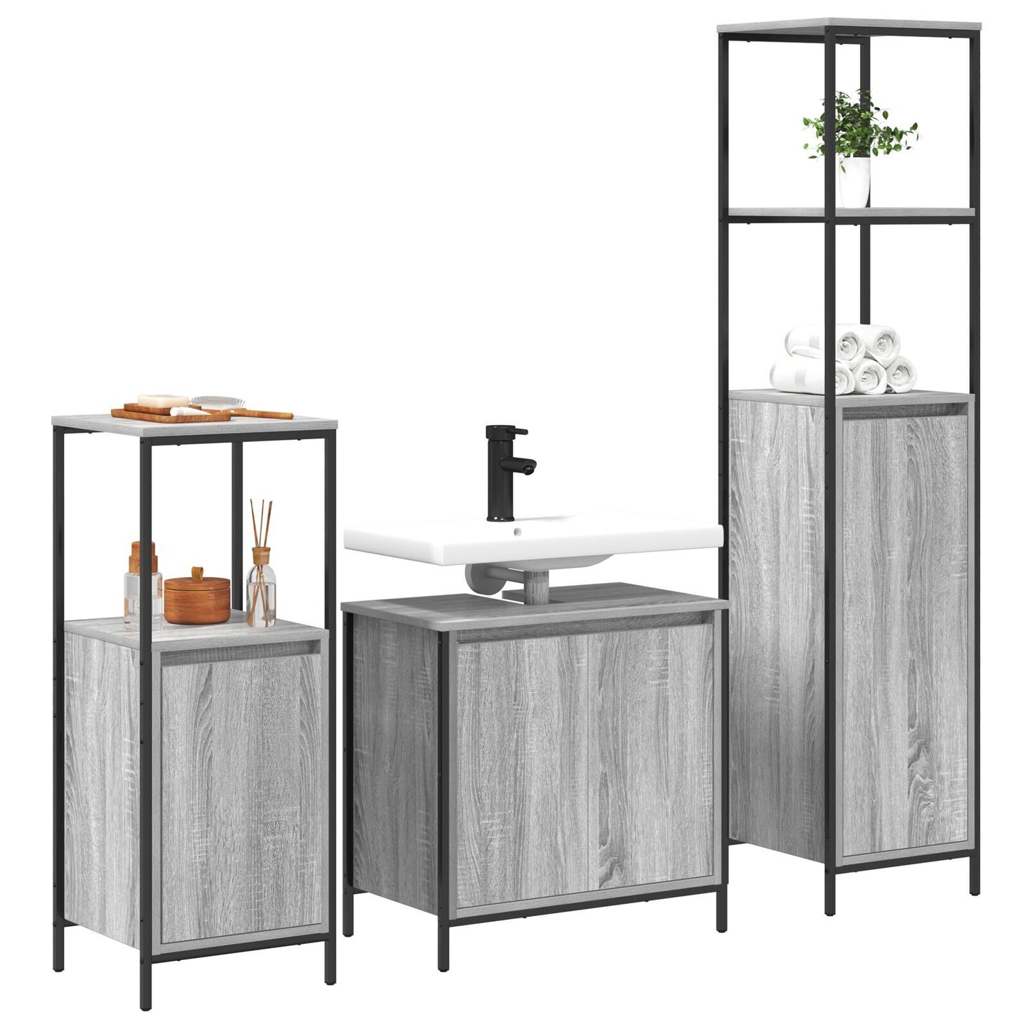Bathroom Furniture Set with Shelf 3 pcs Grey sonoma and Black