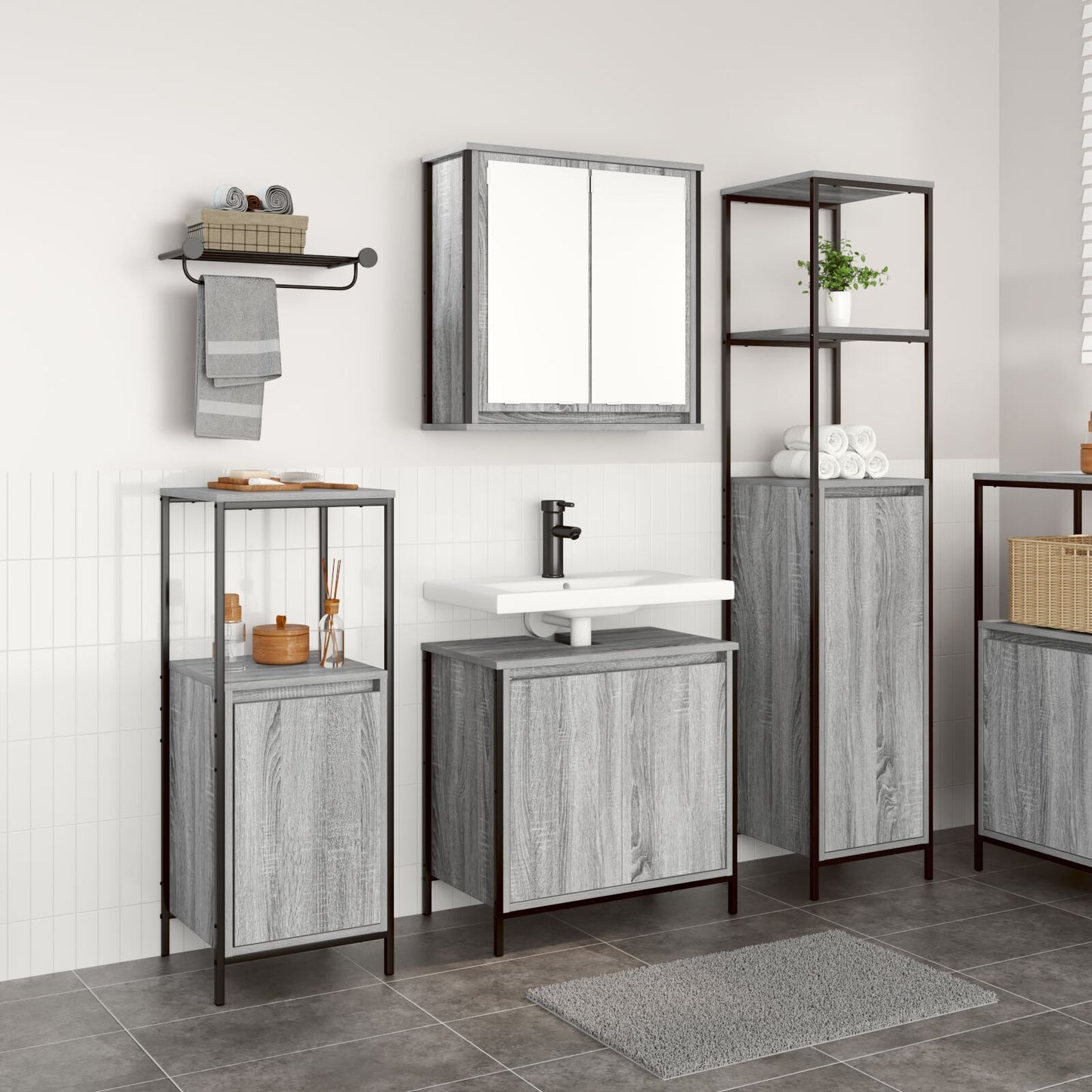 Bathroom Furniture Set with Shelf 3 pcs Grey sonoma and Black