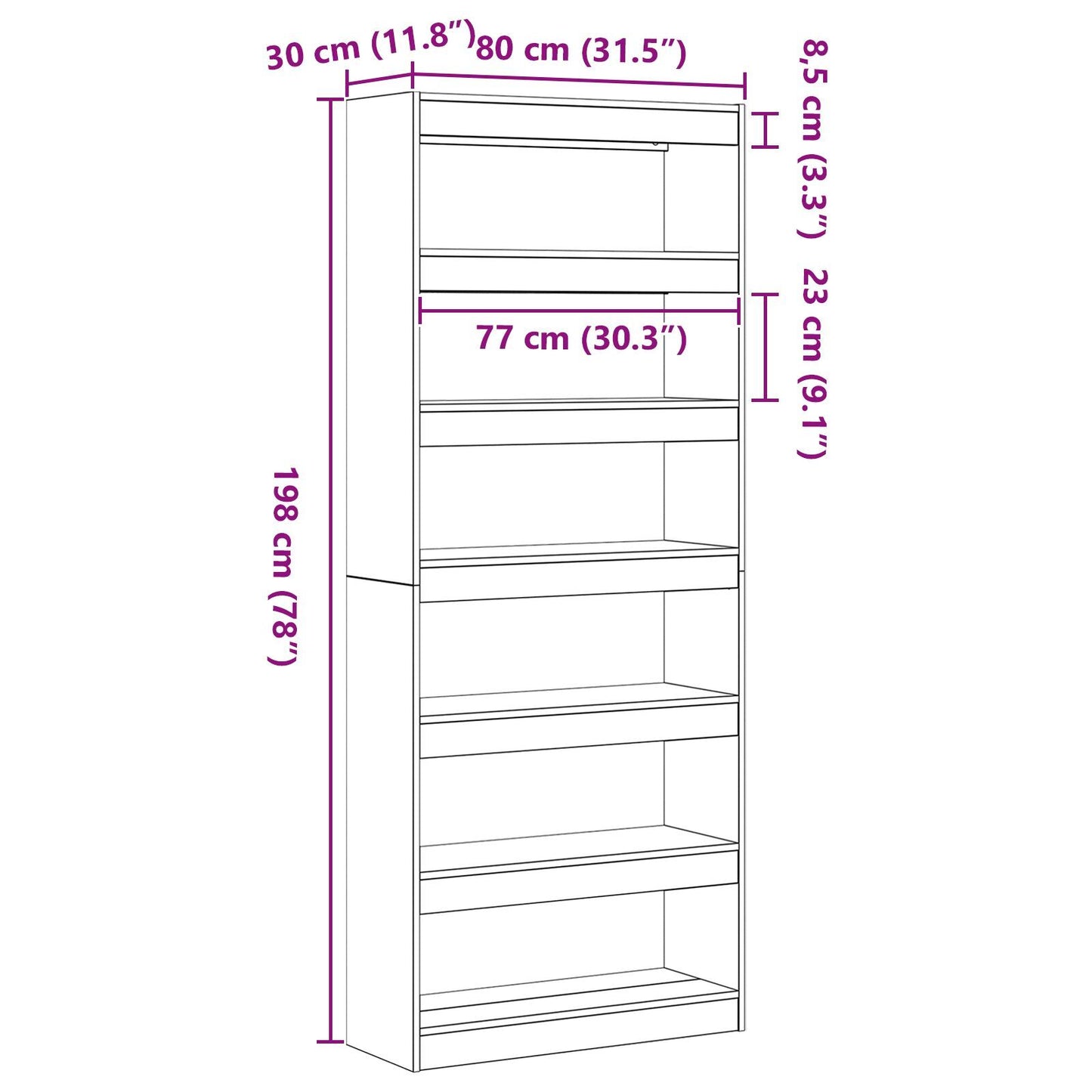 Bookcase Concrete grey 80 x 30 x 198 cm Engineered wood