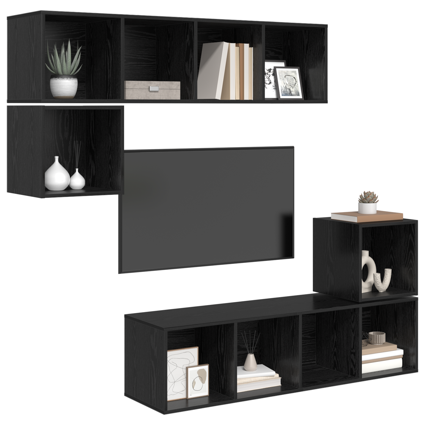TV Cabinet Set Wall-mounted 4 pcs Black oak 37 x 37 x 142.5 cm