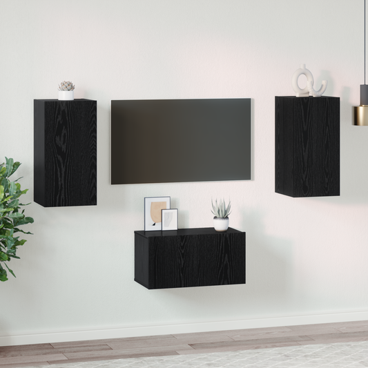 TV Cabinet Set Wall-mounted 3 pcs Black Oak Engineered Wood