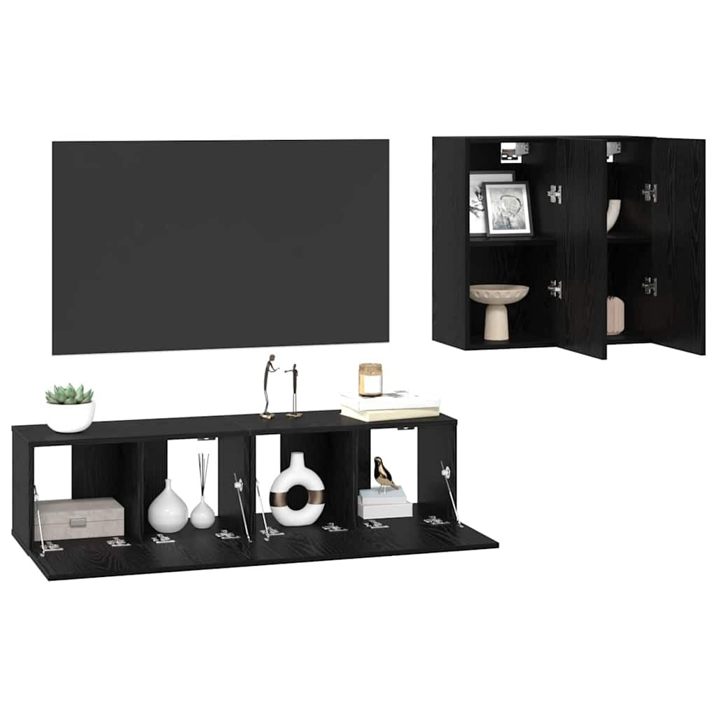 TV Cabinet Set Wall-mounted 4 pcs Black Oak Engineered Wood