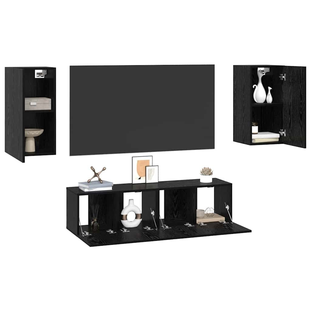 TV Cabinet Set Wall-mounted 4 pcs Black Oak Engineered Wood