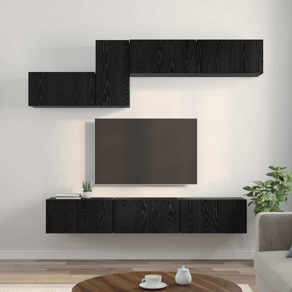 TV Cabinet Set Wall-mounted 7 pcs Black Oak Engineered Wood